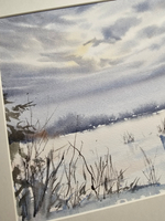 Картина авторская акварельная в паспарту 30х40 см на стену для интерьера "Поздний рассвет. Зима"