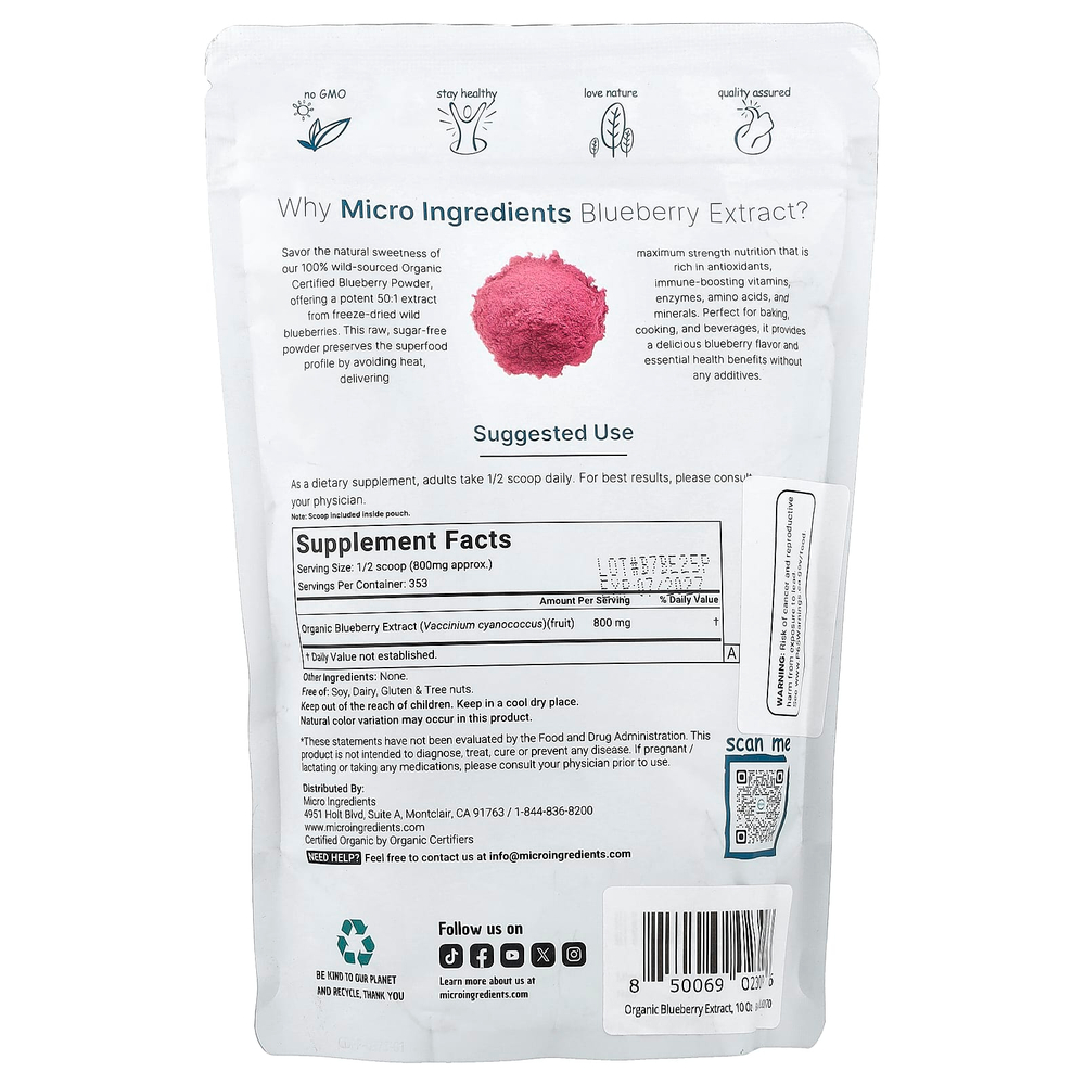 Micro Ingredients, Органический, лиофилизированный экстракт голубики, 283 г (10 унций)