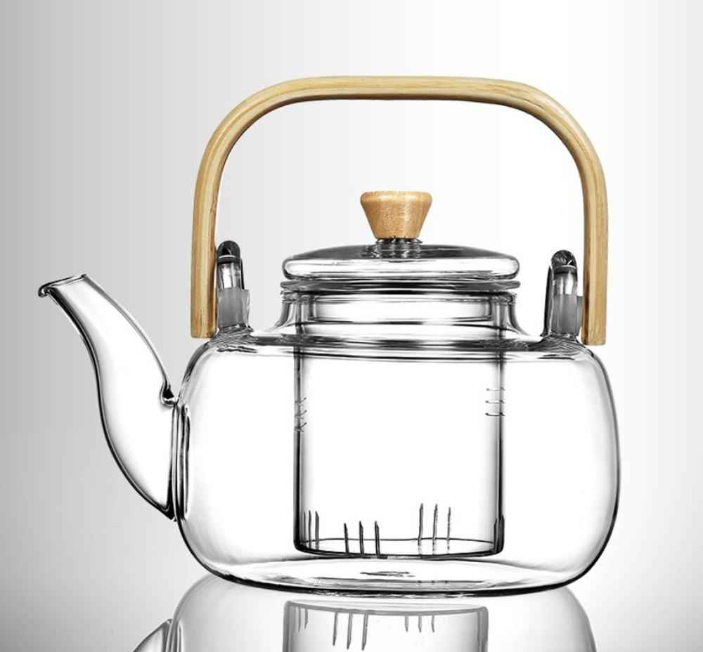 289019Y1 УЦЕНКА Чайник с ситом и дерев.ручкой 800мл, h=10см, d=10,5см, стекло/бамбук