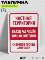 Табличка для парковки "Частная территория, въезд разрешен только жителям", для дома, офиса, организаций, 40х30 см, Silver Plane x Айдентика Технолоджи
