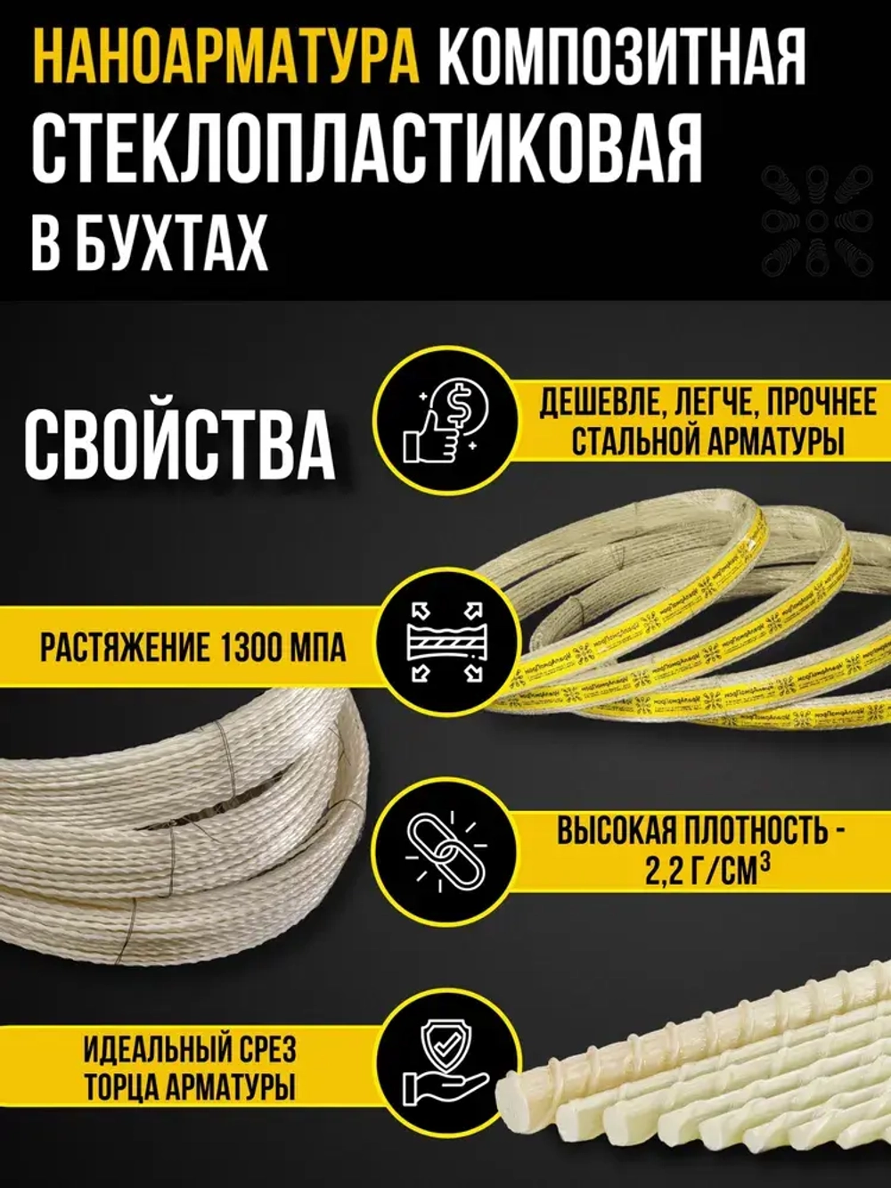 Арматура стеклопластиковая композитная d 12мм бухта 50м (ТУ d11,3мм), для фундамента, строительства, теплиц, арматура для дуг