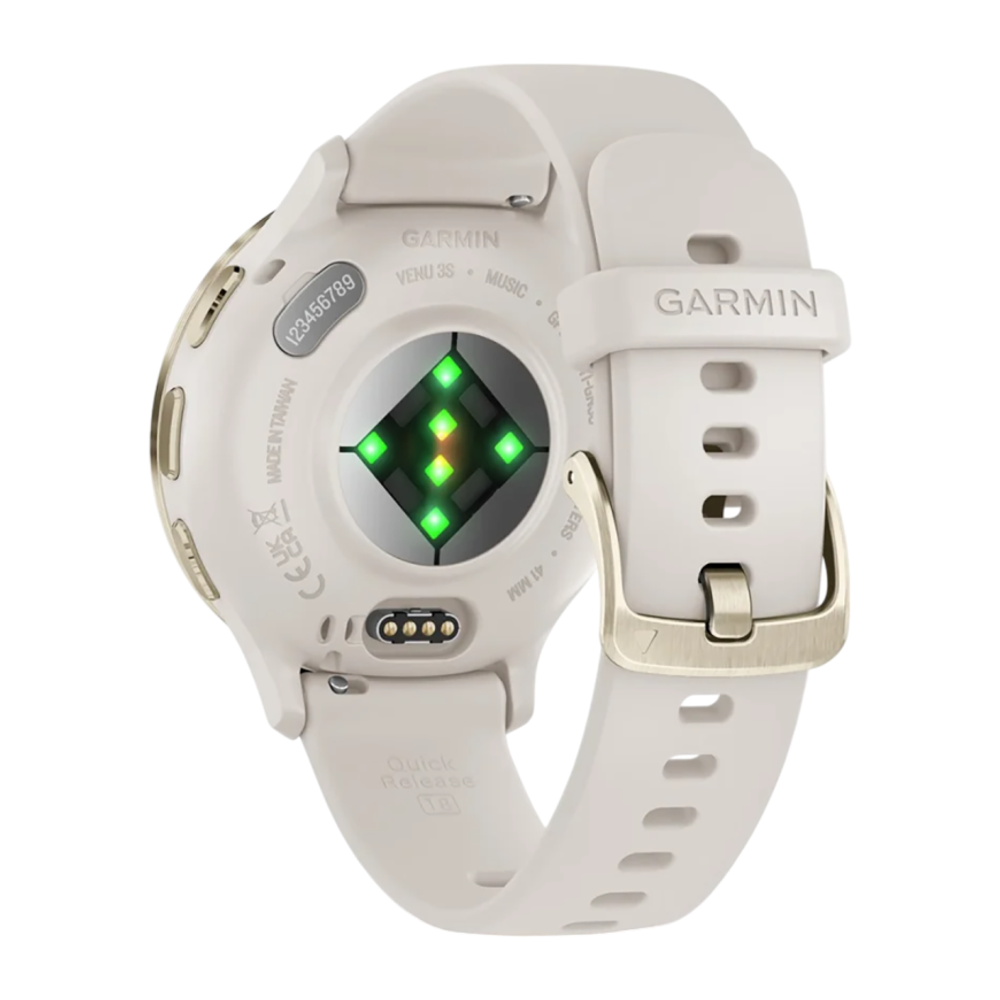 Спортивные часы Garmin Venu 3S, 41 мм, силиконовый ремешок цвета «слоновая кость» Безель из нержавеющей стали золотистого цвета, корпус цвета «слоновая кость», AMOLED-дисплей со стеклом Gorilla Glass. Ремешок с классической застёжкой — на запястье обхвато