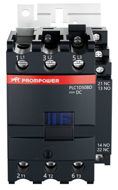 Контактор Prompower PLC1D50BD серии Pulse, ток 50А, 3 полюса, доп контакт 1НО+1НЗ, катушка 24DC