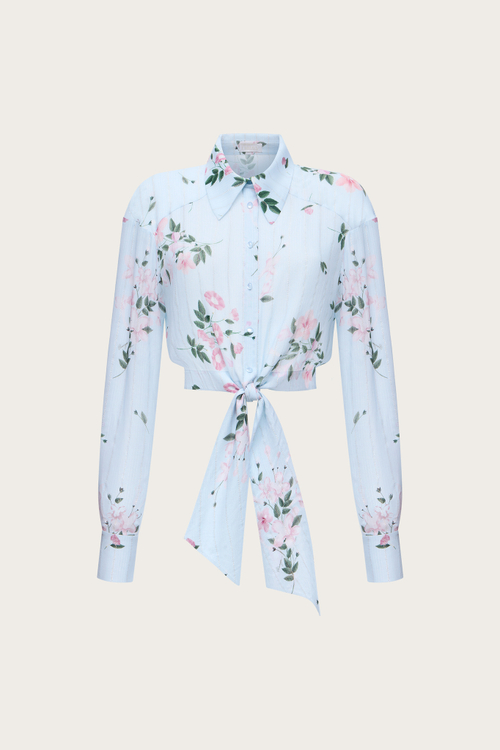 Блуза из голубой вискозы с авторским принтом и люрексной нитью