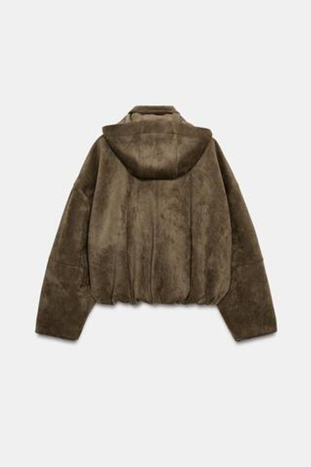 ZARA БОМБЕР ОВЕРСАЙЗ ИЗ ИСКУССТВЕННОЙ ЗАМШИ С КАПЮШОНОМ, ХАКИ