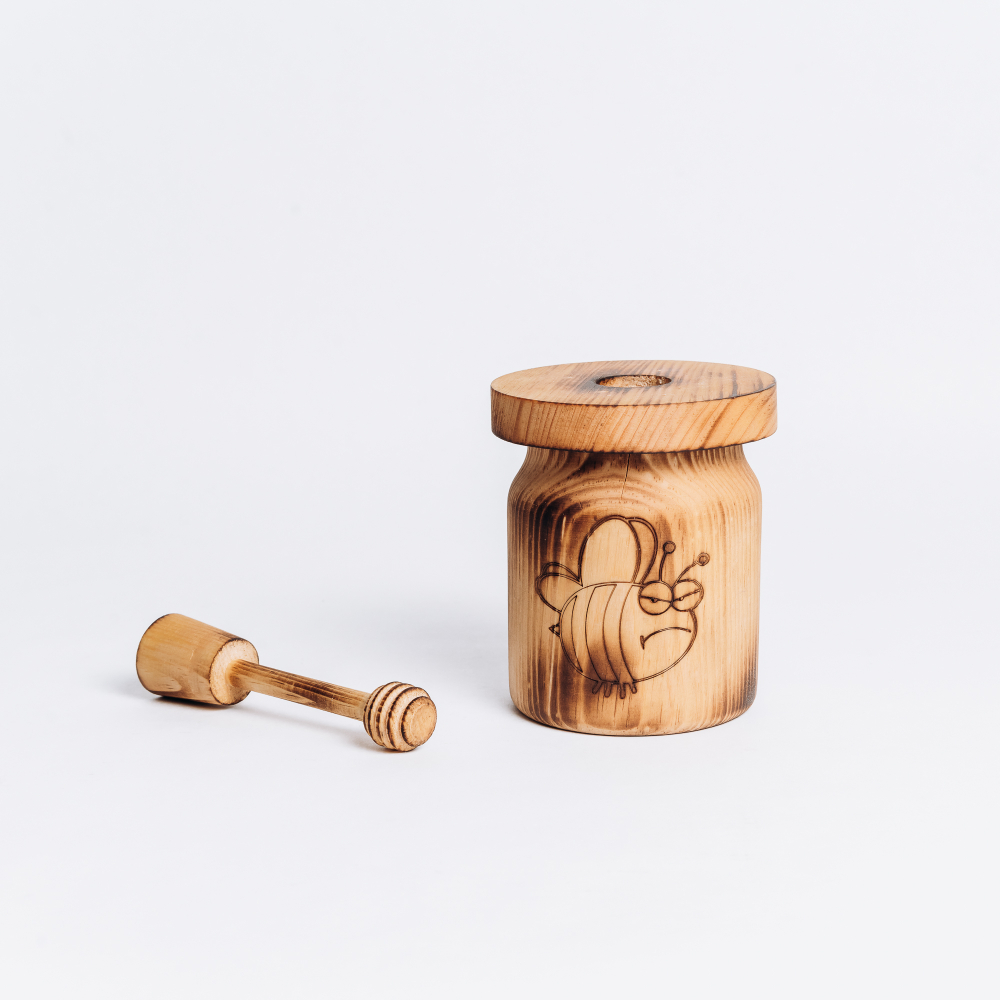 Деревянный бочонок (контейнер) для мёда с крышкой и ложечкой (дризл) из древесины кедра. KD4