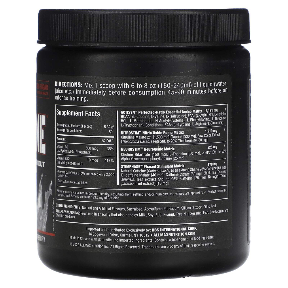 ALLMAX, MusclePrime®, предтренировочный комплекс для улучшенных продуктов, белая малина, 266 г (9,4 унции)