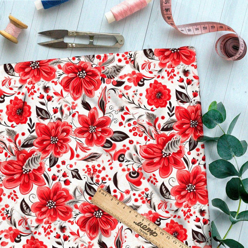 Ткань премиум сатин красная цветочная иллюстрация