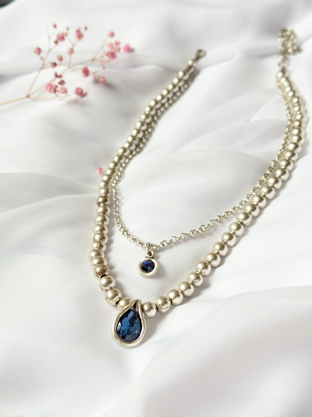 Колье из шариков двурядное с капельками из синих кристаллов Swarovski, Турция