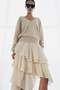 ZARA СТРУЯЩАЯСЯ ЮБКА С ВОЛАНАМИ — ZW COLLECTION, БЕЖЕВЫЙ/ЗЕЛЕНЫЙ