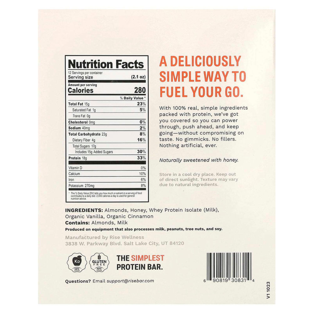 Rise Bar, Протеиновый батончик, мед и корица, 12 батончиков, 60 г (2,1 унции)