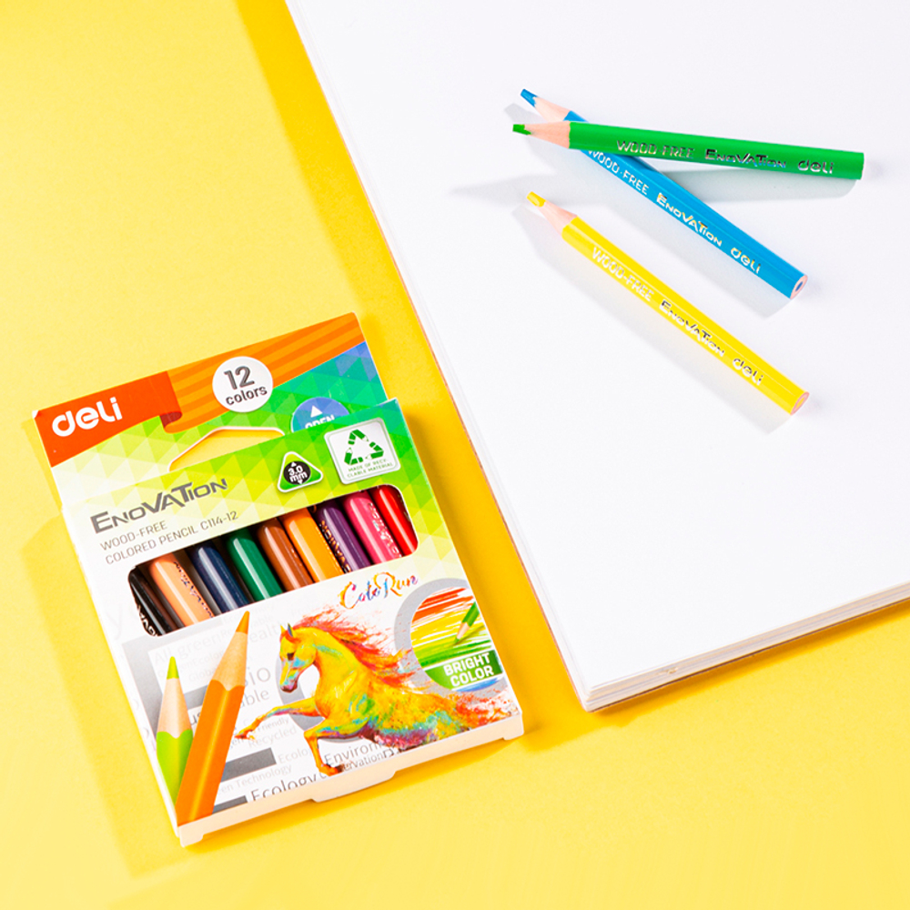 Карандаши цветные Deli "Enovation", короткие, 12 цвета, PS, картон