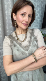 Браслет двойная цепь из звеньев скрепок с шайбой, оттенок золото и серебро