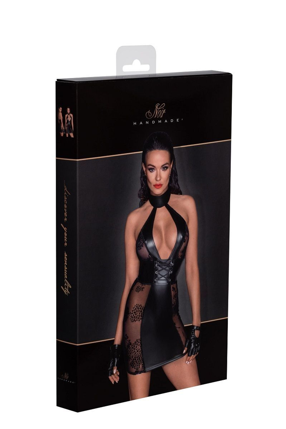 Короткое платье из кружева со вставками из wet-look материала Short tulle dress Powerwetlook inserts and corset binding (Размер: M) (Цвет: черный)