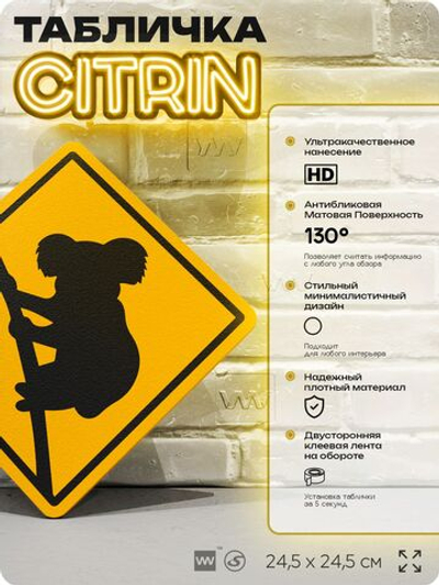 Табличка прикольная "Осторожно, коалы" на дверь и стену, информационная и предупреждающая, декоративный знак, 24,5х24,5 см, пластиковая, Айдентика Технолоджи