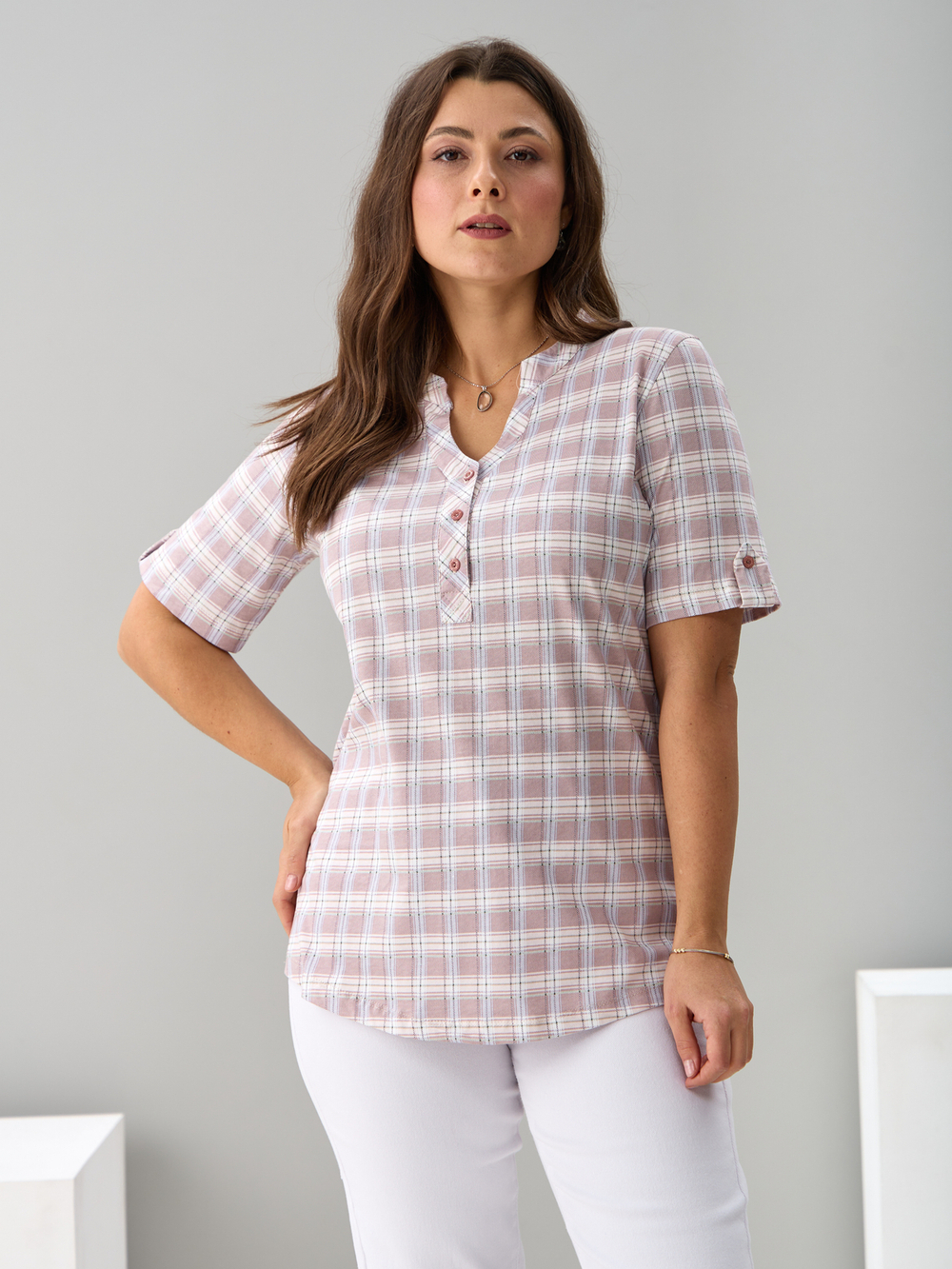 Блузка БЛ-122/клетка-бежевоголубая