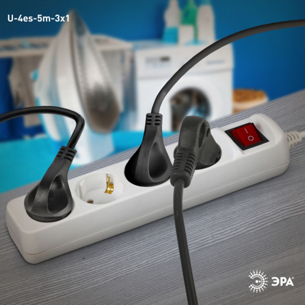 Удлинитель электрический ЭРА U-4es-5m-3x1 с заземлением с выключателем 4 розетки 5м ПВС 3x1мм2 16А