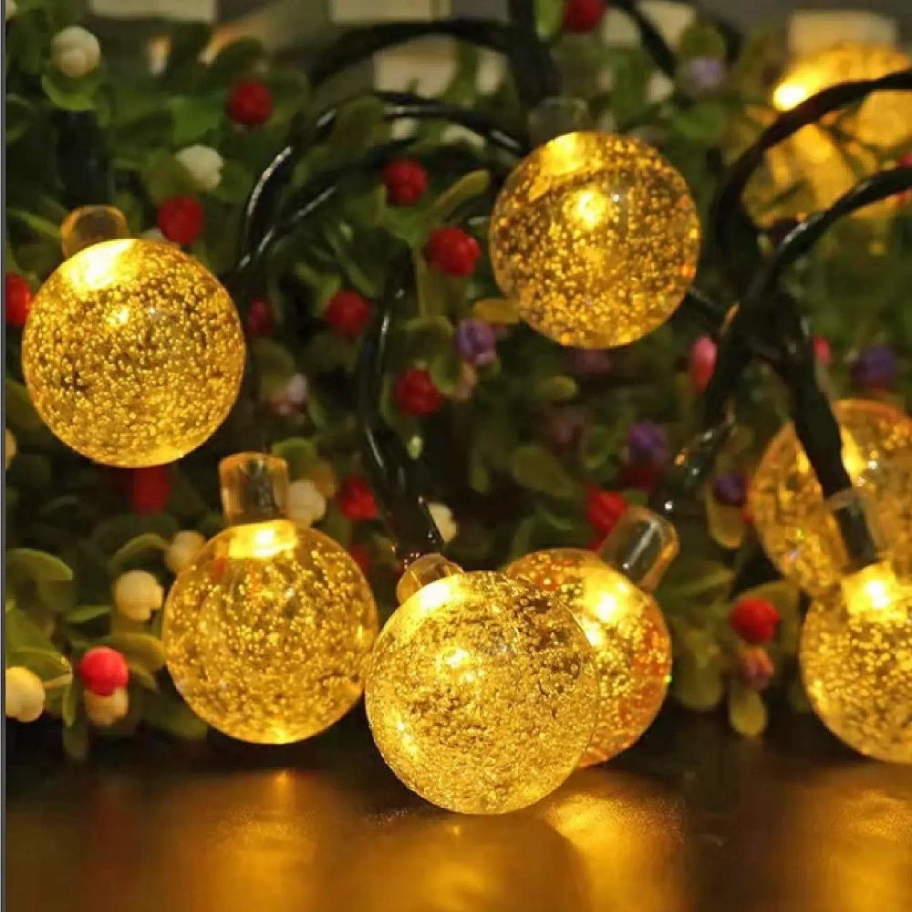 Гирлянда для улицы «Роса» 3м, 20 ламп LED чёрный провод, 2 реж, IP-55, Теплый белый (солнечная батарея).