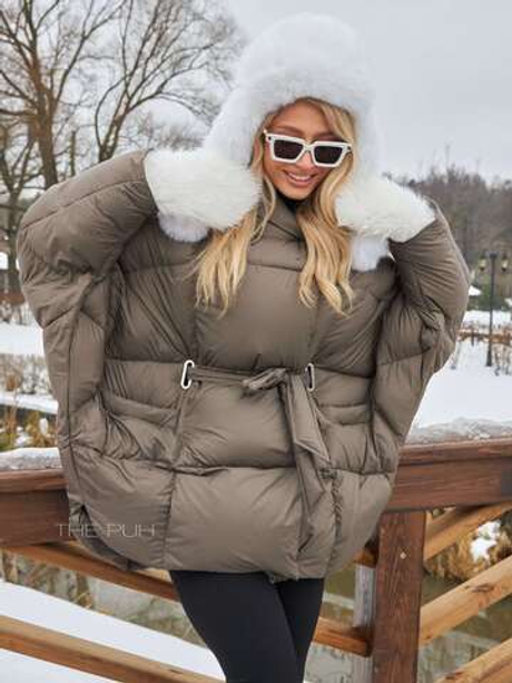 Пуховик летучая мышь с поясом в цвете капучино