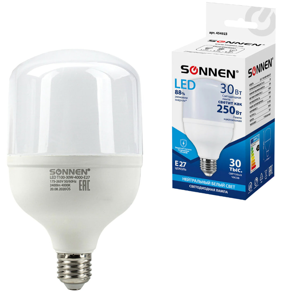 Лампа светодиодная SONNEN, 30 (250) Вт, цоколь Е27, цилиндр, нейтральный белый, 30000 ч, LED Т100-30W-4000-E27, 454923ОЗ