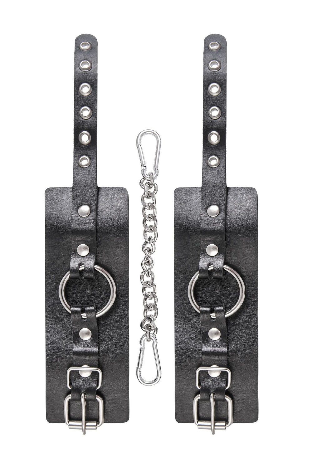 Черные наручники из толстой натуральной кожи с люверсами