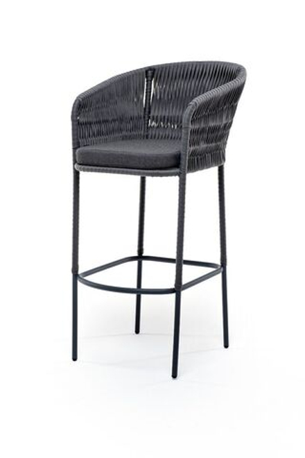 "Бордо" стул барный плетеный из роупа (колос), каркас из стали серый (RAL7022), роуп серый 15мм, ткань серая 017