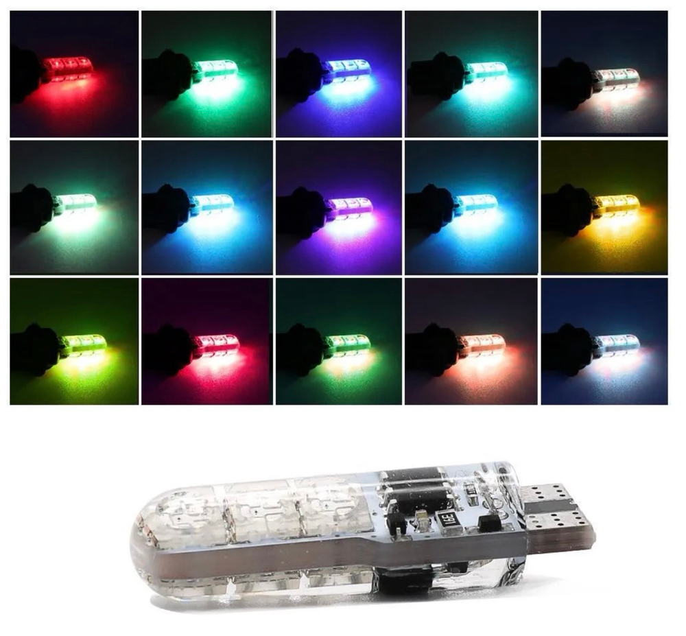 Светодиодная автомобильная лампа T10 W5W RGB. В передние и задние габариты, подсветка номера, подсветка салона. (2 шт. / комплект.) -