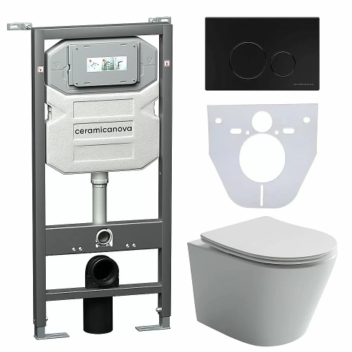 Унитаз подвесной Ceramica Nova Balearica CN6000_1001B_1000 безободковый, с крышкой микролифт, с инсталляцией и черной матовой кнопкой