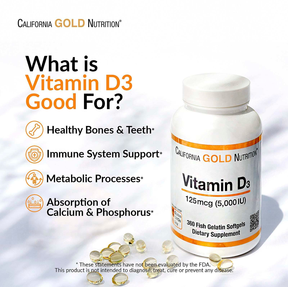 California Gold Nutrition, витамин D3, 125 мкг (5000 МЕ), 90 капсул из рыбьего желатина