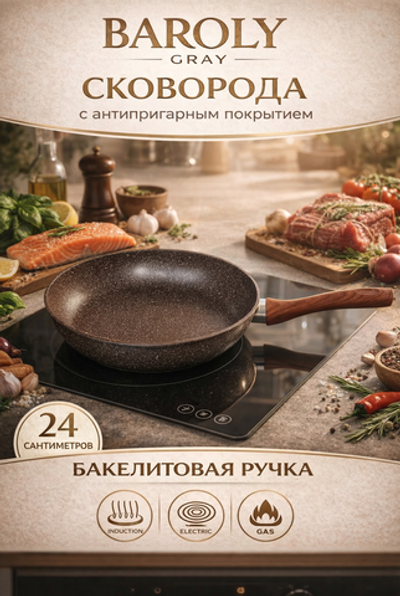 Сковорода «BAROLY» GRAY 24см индукционная с антипригарным покрытием, бакелитовая ручка