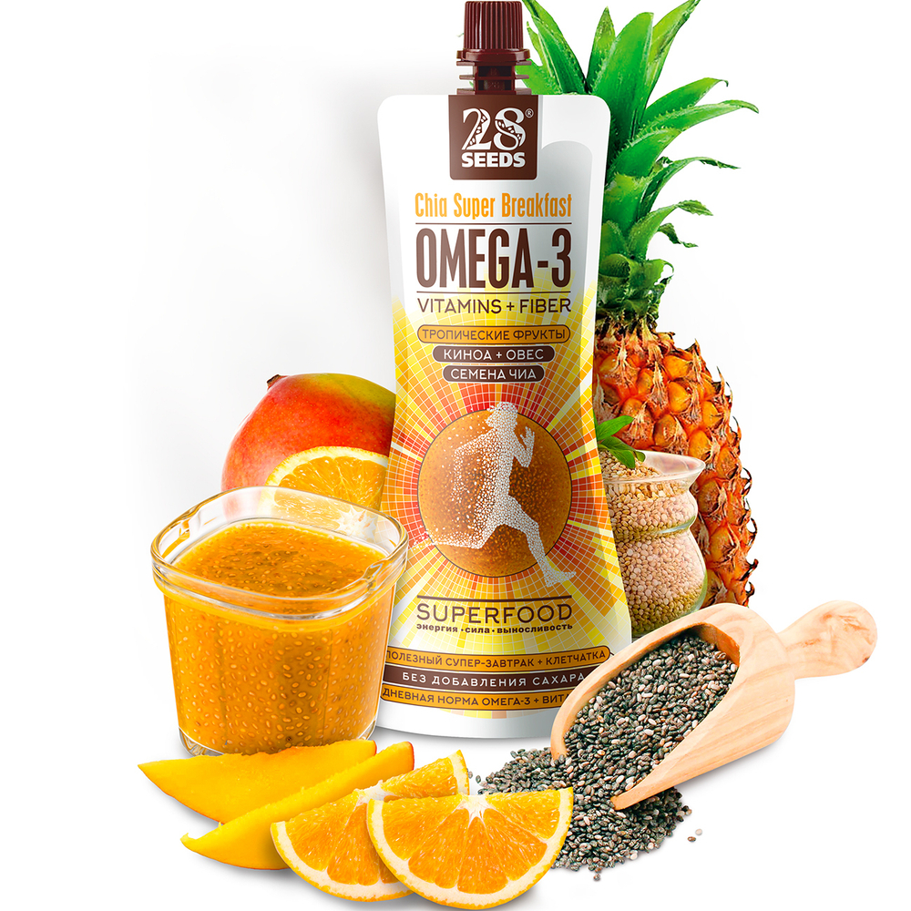 Супер-завтрак 28SEEDS Чиа ОМЕГА-3 Тропические фрукты, Полезные продукты питания без сахара, Омега 6, клетчатка, протеин, пюре фруктовое, смузи