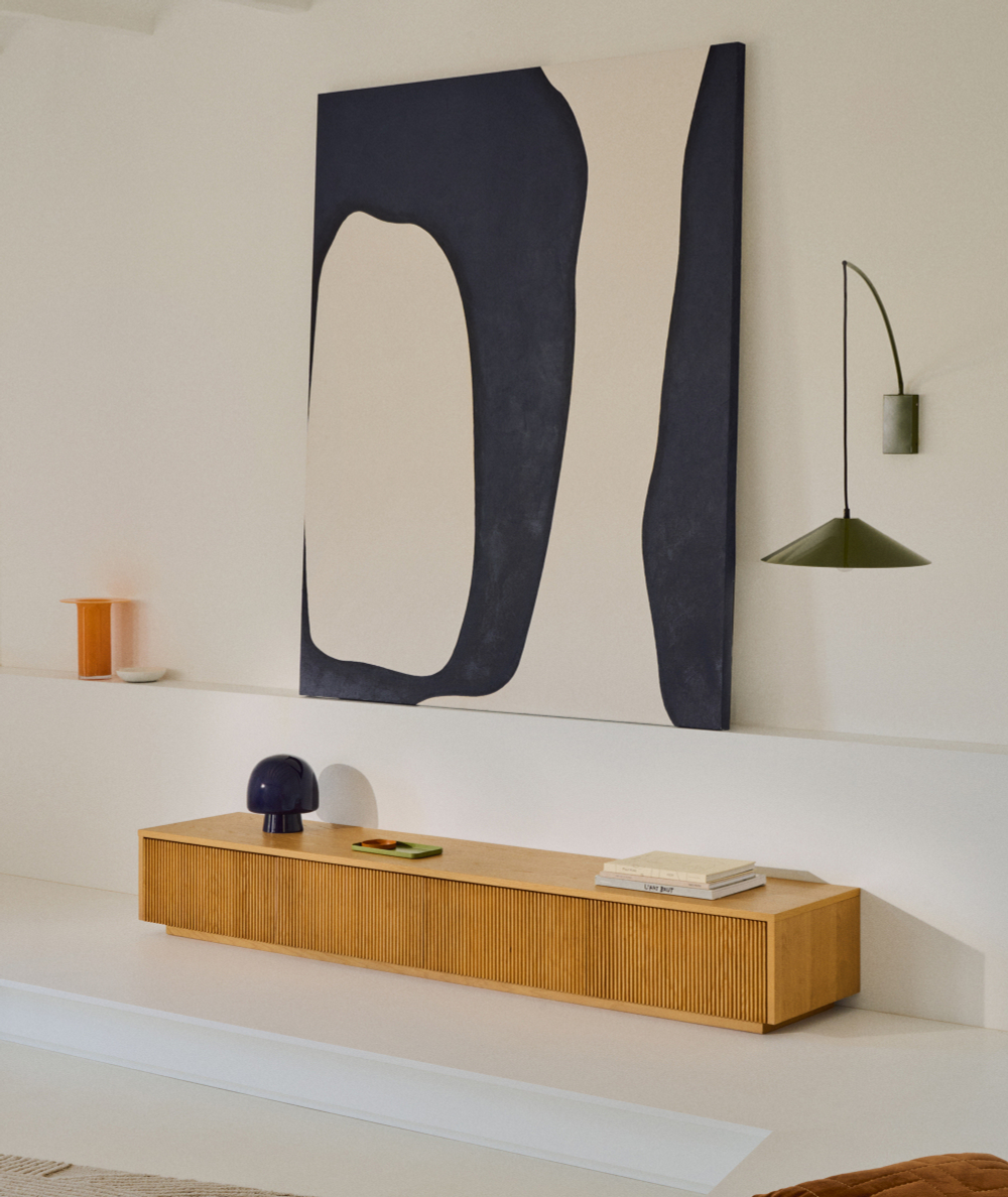 Тумба под телевизор Helvine с 4 ящиками из дубового шпона и закаленного стекла, 200 x 40