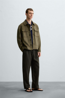 ZARA КУРТКА-РУБАШКА ИЗ ИСКУССТВЕННОЙ ЗАМШИ, ОЛИВКОВЫЙ