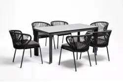 "Венето" обеденная группа на 6 персон со стульями "Милан", каркас темно-серый, роуп темно-серый