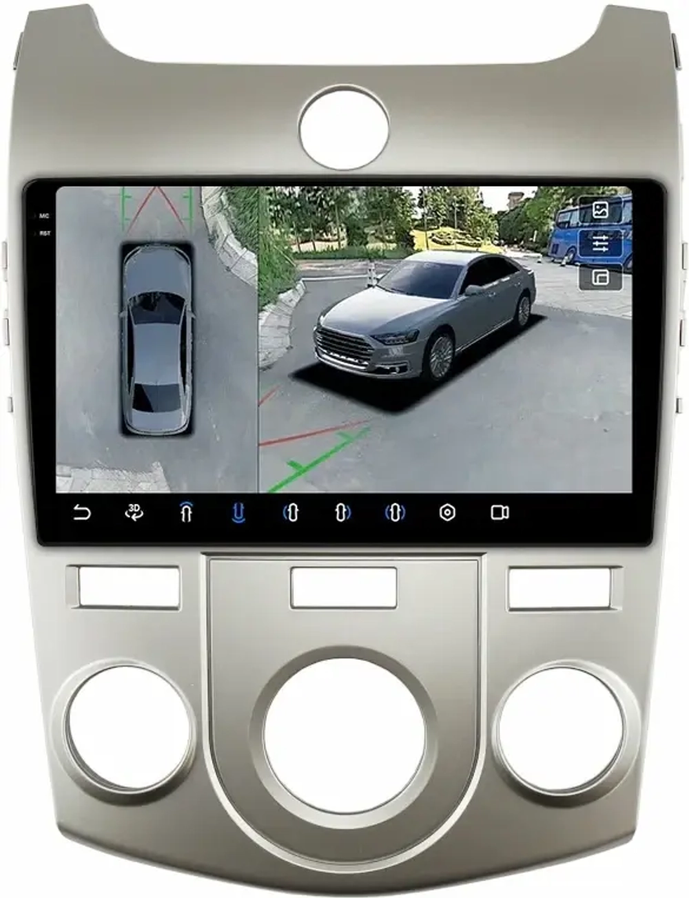 Магнитола для KIA Cerato 2 2008-2013 (кондиционер, рамка серебро) - FarCar BX9-360-7093CNS монитор 9.5" 2K QLED на Android 13, 6Гб+128Гб, CarPlay, 4G SIM-слот, 4 камеры в комплекте