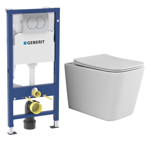 Комплект подвесной безободковый унитаз Ceramica Nova Cubic Rimless CN1806 36 x 53 x 37 см с сиденьем Soft Close + инсталляция Geberit Delta 458.149.21.1 с кнопкой, хром глянцевый