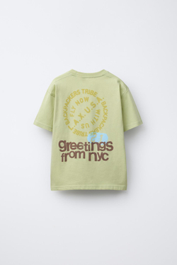 ZARA ФУТБОЛКА ИЗ ТКАНИ С ПРИНТОМ, СВЕТЛО-ЗЕЛЕНЫЙ