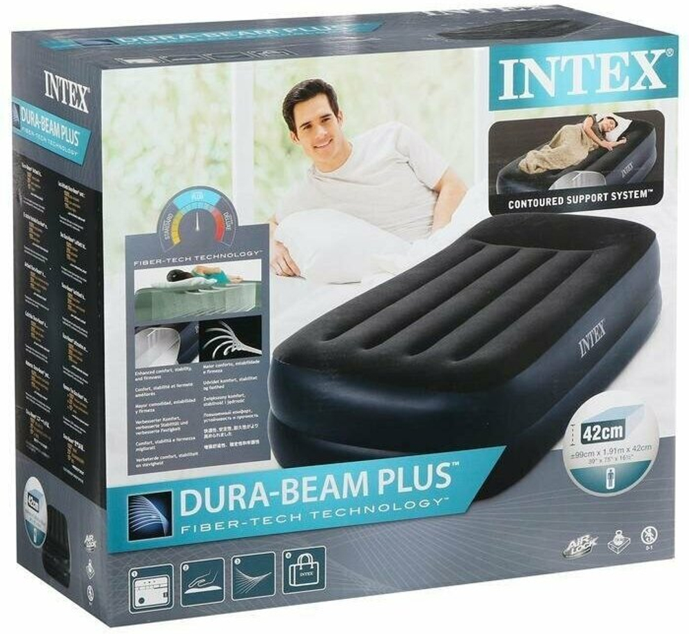 INTEX Кровать надувная флок Твин, 99х191х42см, с высоким подголовником, встр.электронасос, 64122NP