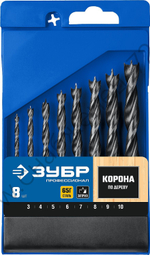 ЗУБР 8 шт(3-4-5-6-7-8-9-10 мм), набор спиральных сверл по дереву, М-образная заточка