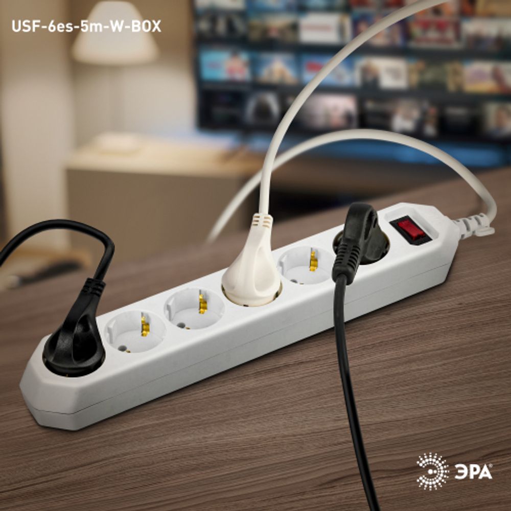 Сетевой фильтр ЭРА USF-6es-5m-W с базовой защитой с заземлением с выключателем 6 розеток 5м 10А белый