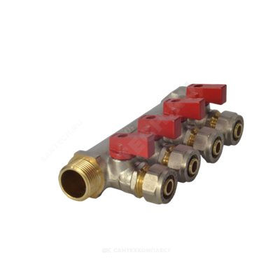 Коллектор латунь 3/4" ВР/НР на 3 вых Дн16 м/о 35мм обжим с шаровыми кранами, красные ручки для мп 7016 Aquasfera 7016-02