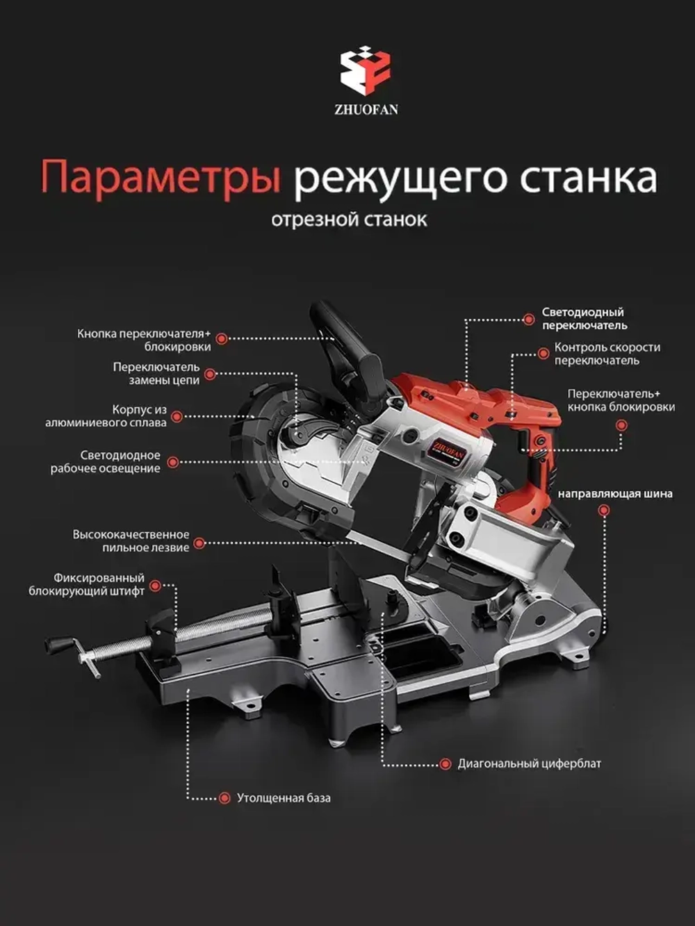 Ленточнопильный станок, отрезной станок ручной переносной, полупрофессиональный, ZHUOFAN, 220 В, 1100 Вт, 120 мм*120 мм