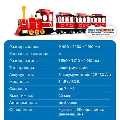 Аттракцион паровозик «Комета»,  4 вагона, 20 мест