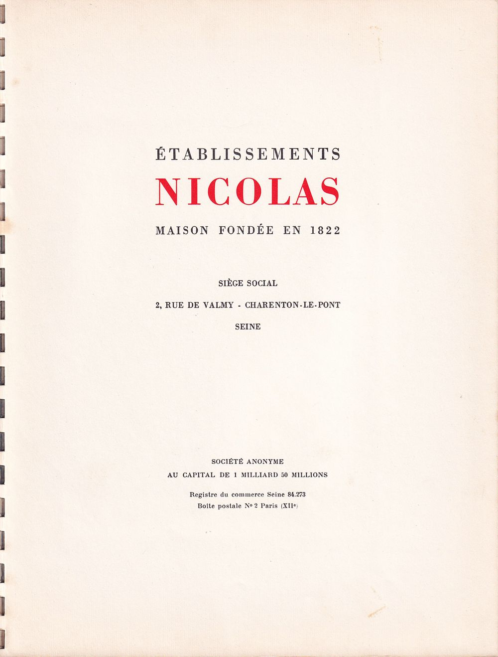 Прейскурант лучших вин парижского торгового дома «Николя» (Nicolas) на 1955 год