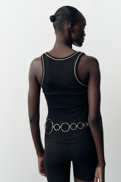 ZARA ТОП С КОНТРАСТНОЙ ОТДЕЛКОЙ И БЛЕСТЯЩЕЙ НИТЬЮ, ЧЕРНЫЙ