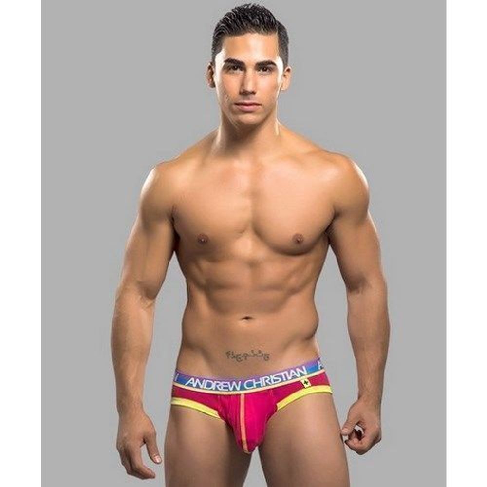 Мужские трусы брифы розовые с желтой оконтовкой Andrew Christian  AC9795