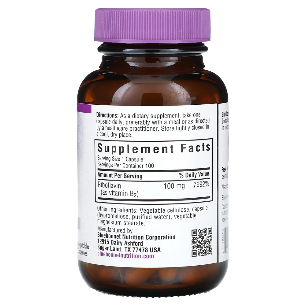 Bluebonnet Nutrition, Витамин B2, 100 мг, 100 растительных капсул