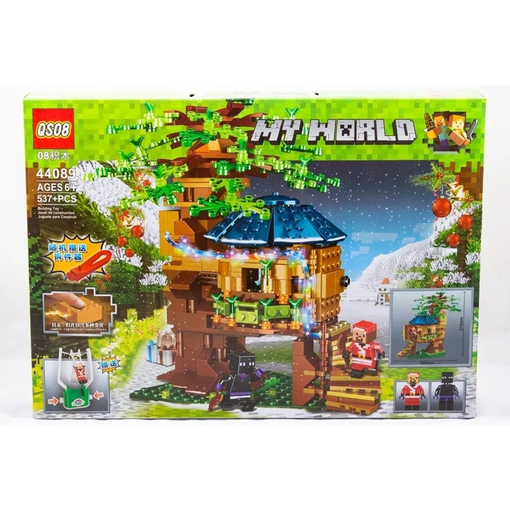 Конструктор Майнкрафт QS08, MY WORLD 44089 "Дом на дереве" с LED подсветкой, 537 деталей