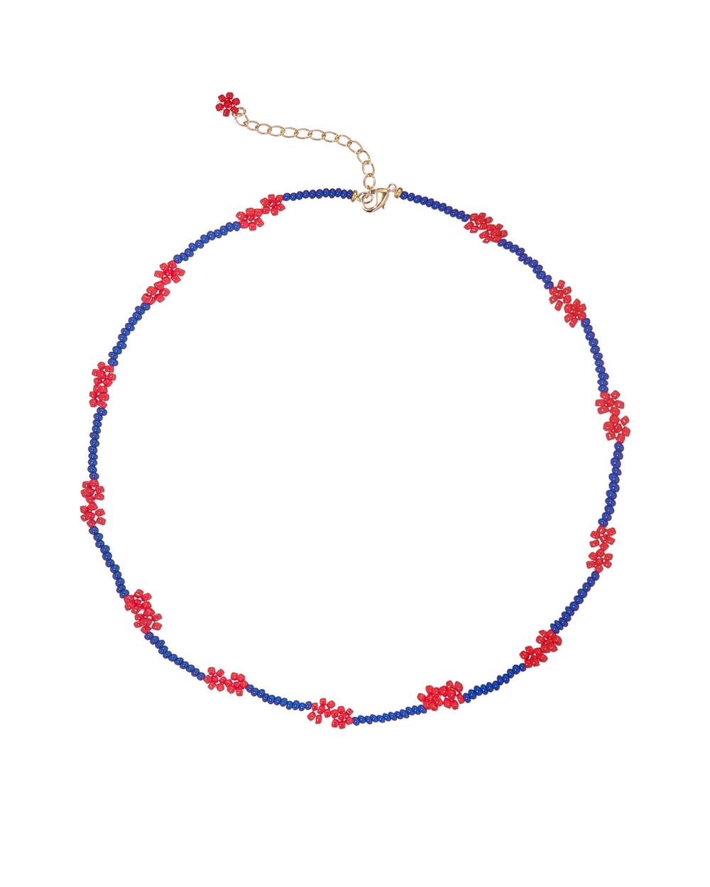Колье-бисер синее, красные цветы