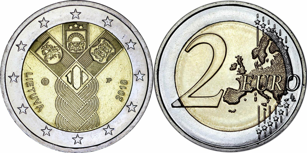Литва 2 евро, 2018 100 лет государствам Балтики XF